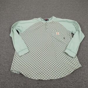 BOCOMAL Shirt Mens XL Green FR Geometric Henley Pocket Long Sleeve Workwear